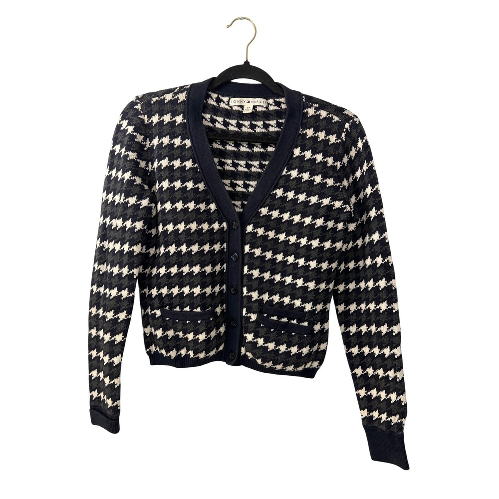 Tommy Hilfiger Navy Gray Preppy Cropped Cardigan Small Old Money Grandmacore